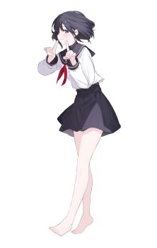 1girl absurdres barefoot black_hair black_sailor_collar black_skirt blue_eyes blush closed_mouth commentary_request full_body hands_up highres long_sleeves neckerchief original pleated_skirt puffy_long_sleeves puffy_sleeves red_neckerchief riya_(01214) sailor_collar school_uniform serafuku shirt simple_background skirt smile solo white_background white_shirt