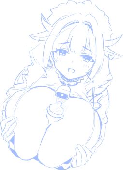 1girl animal_ears animal_print azur_lane azur_lane:_slow_ahead baby_bottle bell between_breasts bikini bottle breasts commentary_request cow_ears cow_horns cow_print cow_print_bikini cowbell cowpens_(azur_lane) cowpens_(milky_ministrations)_(azur_lane) drill_hair fake_animal_ears fake_horns highres hori_(hori_no_su) horns huge_breasts maid_headdress medium_hair mole mole_under_eye neck_bell official_alternate_costume print_bikini simple_background sketch solo swimsuit white_background