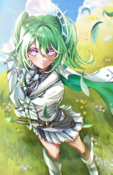Rule 34 | 1girl, armored boots, black shirt, blush, boots, brooch, cape, chromatic aberration, closed mouth, day, double-parted bangs, falling leaves, field, flower, gauntlets, grass, green hair, hair between eyes, hand up, highres, jacket, jewelry, leaf, long bangs, looking at viewer, medium hair, multicolored hair, neck ribbon, outdoors, pleated skirt, purple eyes, ribbon, shirt, skipolka, skirt, smile, solo, standing, stellive, streaked hair, twintails, virtual youtuber, white jacket, white ribbon, white skirt, yuzuha riko