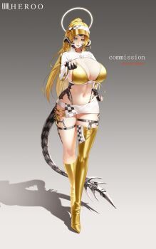 1girl absurdres arm_behind_back artist_name asymmetrical_legwear bikini black_gloves black_horns black_tail blonde_hair blue_eyes boots bra breasts cleavage commentary dragon_girl dragon_horns dragon_tail english_commentary english_text fingerless_gloves full_body gloves green_eyes grey_background halo heterochromia highres horns index_finger_raised jacket large_breasts long_hair long_sleeves looking_at_viewer louu_heroo miniskirt navel open_mouth original parted_lips ponytail race_queen simple_background skirt solo standing swimsuit tail thigh_harness thighhighs thighs underwear white_halo white_jacket white_skirt yellow_bikini yellow_boots yellow_bra yellow_thighhighs