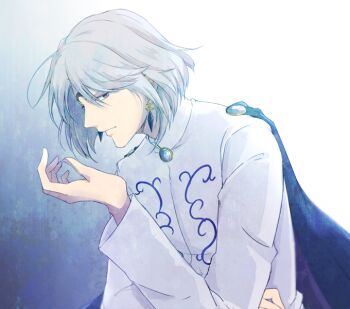 Rule 34 | 1boy, bishoujo senshi sailor moon, bishoujo senshi sailor moon r, cape, crescent, crescent facial mark, crystal earrings, earrings, facial mark, grey eyes, hiki-wota, jewelry, light, male focus, prince demande, profile, silver hair, solo, upper body