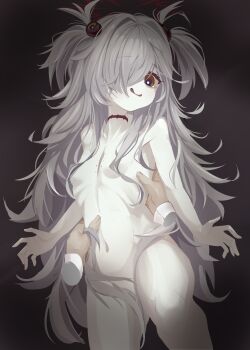 1boy 1girl absurdres bags_under_eyes blue_archive brown_halo completely_nude grey_hair hair_censor hair_over_one_eye halo highres kanoe_(blue_archive) navel nude pale_skin pov pov_hands scar sensei_(blue_archive) unso_(exxxxit)