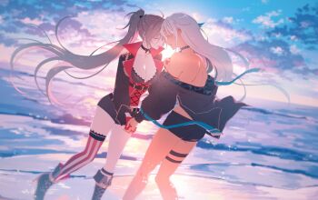 2girls amazuki_jou azur_lane black_boots black_choker black_shorts boots breasts brown_hair choker cleavage closed_eyes cloud commentary_request forehead-to-forehead gloves grey_hair heads_together highres holding_hands interlocked_fingers jean_bart_(azur_lane) long_hair massachusetts_(azur_lane) multiple_girls off_shoulder ponytail red_gloves red_thighhighs short_shorts shorts single_thighhigh sky striped_clothes striped_thighhighs thigh_strap thighhighs yuri