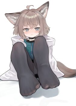 1girl absurdres ahoge animal_ears arknights black_choker black_pantyhose blue_eyes blue_vest choker closed_mouth coat commentary_request dokomon feet foot_focus fox_ears fox_girl fox_tail grey_hair highres hood hood_down hooded_coat korean_commentary no_shoes pantyhose short_hair sitting solo sussurro_(arknights) tail toes vest white_background white_coat