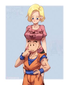 1boy 1girl 2023 android_18 bald bald_male black_eyes blonde_hair blue_eyes blush boob_hat breast_rest breasts breasts_on_head clothes_writing collarbone couple crazy_diamond diamond_wa_kudakenai dougi dragon_ball ftw_arts happy height_difference higashikata_josuke highres husband_and_wife jojo_no_kimyou_na_bouken kuririn large_breasts looking_at_another looking_down muscular muscular_male pink_shirt shirt short_hair short_shorts shorts smile taller_female thinking thinking_hat_shirt