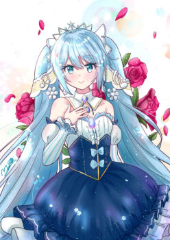 Rule 34 | 1girl, aqua eyes, aqua hair, aqua nails, blue dress, blush, breasts, closed mouth, collarbone, commentary, detached collar, dress, earrings, floral background, flower, fortissimo, frilled dress, frills, gold trim, hair between eyes, hair ornament, hand on own chest, hatsune miku, jewelry, long hair, m ko (maxft2), musical note, musical note hair ornament, official alternate costume, official alternate hairstyle, red flower, red rose, rose, small breasts, smile, snowflake hair ornament, solo, strapless, strapless dress, twintails, very long hair, vocaloid, white tiara, yuki miku, yuki miku (2019)