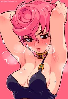 1girl armpits blush breasts commentary english_commentary jojo_no_kimyou_na_bouken medium_breasts pink_hair pongldr short_hair solo sweat trish_una