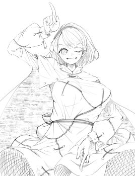 1girl ;d absurdres aonori00 breasts cape commentary_request greyscale highres long_sleeves looking_at_viewer monochrome one_eye_closed open_mouth patchwork_clothes pointing pointing_down pointing_up short_hair simple_background smile solo tenkyuu_chimata touhou
