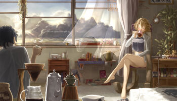 10s 1boy 1girl admiral_(kancolle) bare_legs barefoot basket bird black_hair blush book book_stack bottle breasts cabinet chair checkered_wall clothes_hanger cloud coffee coffee_grinder coffee_maker coffee_mug coffee_pot collared_shirt commentary_request crop_top crop_top_overhang crossed_legs cup curtains dress_shirt drinking drinking_glass english_text error_musume failure_penguin flower futon hand_on_lap hat highres indoors jar kantai_collection large_breasts light_rays long_sleeves looking_at_another messy_hair morning morning_after mug mutsu_(kancolle) no_pants one_eye_closed open_clothes open_shirt open_window picture_frame plant pleated_skirt pointing potted_plant rocking_chair rug seashell shelf shell ship_in_a_bottle shirt short_hair sitting skirt sky sunbeam sunlight tea to6_l unworn_hat unworn_headwear unworn_skirt watering_can white_shirt window wooden_floor