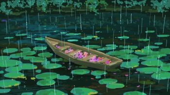 boat falling_petals karasu_(hageabura-jr) lily_pad no_humans original petals pink_petals plant pond rain tree water watercraft wooden_boat