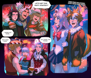 3girls 5boys animal_ears arataki_itto ayaka_(genshin_impact) bead_necklace beads bishoujo_senshi_sailor_moon black_cape black_hair black_jacket blonde_hair blue_eyes blue_hair blue_skirt bow bowtie brown_gloves brown_hair brown_jacket brown_scarf brown_tail cape chalseu closed_eyes cosplay cup dress elsa_(frozen) elsa_(frozen)_(cosplay) fangs forehead fox_ears fox_tail frozen_(disney) fur_trim genshin_impact gloves gorou_(genshin_impact) hair_rings halloween halloween_costume highres holding holding_cup horns jacket jewelry kamisato_ayato long_hair multiple_boys multiple_girls necklace oni open_mouth pants pink_hair red_bow red_bowtie red_vest sailor_moon sangonomiya_kokomi scarf school_uniform serafuku shirt short_hair skirt smile tail takuya_(genshin_impact) thoma_(genshin_impact) tsukino_usagi tsukino_usagi_(cosplay) vampire_costume vest white_hair white_pants white_serafuku white_shirt yoimiya_(genshin_impact)