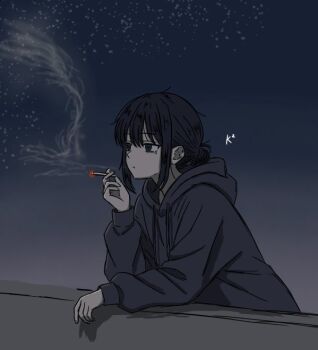 1girl against_railing bags_under_eyes black_eyes black_hair blowing_smoke cho_kaguya-hime! cigarette commentary_request corn_20 drawstring elbow_rest empty_eyes from_side grey_hoodie hair_between_eyes hair_bun hand_up holding holding_cigarette hood hood_down hoodie leaning_forward long_sleeves mole mole_under_eye night outdoors railing sakayori_iroha short_hair sidelocks single_hair_bun sky smoke smoke_trail smoking solo upper_body