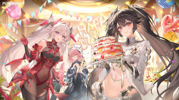 3girls absurdres balloon birthday_party black_hair blue_dress breasts bunting cake closed_mouth copyright_name cross-shaped_pupils dress earrings food gloves hand_up happy_birthday heart_balloon highres holding holding_balloon holding_cake holding_food holding_party_popper holding_plate indoors ishmael:_parhelion_(pgr) ishmael_(pgr) jewelry long_hair looking_at_viewer lucia:_pyroath_(pgr) lucia_(pgr) luna:_oblivion_(pgr) luna_(pgr) mechanical_arms multiple_girls navel official_art official_wallpaper parted_lips party party_popper pink_hair plate punishing:_gray_raven purple_eyes red_eyes red_gloves smile symbol-shaped_pupils textless_version twintails white_hair