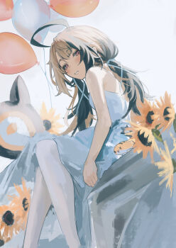 1girl absurdres ahoge balloon brown_hair clenched_teeth dress flower gigi_murin hair_ribbon highres hololive hololive_english long_hair multicolored_hair naokomama pantyhose pink_eyes ribbon sitting sleeveless sleeveless_dress solo sunflower teeth twintails two-tone_hair virtual_youtuber white_dress white_pantyhose white_ribbon