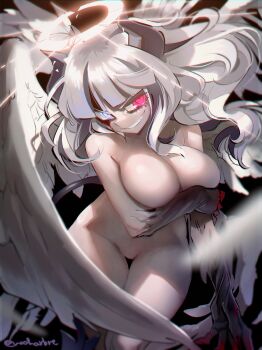 1girl absurdres angel_wings black_horns breasts broken_halo clenched_teeth completely_nude covered_erect_nipples covering_nipples covering_privates crack demon_girl fallen_angel halo helltaker heterochromia highres horns large_breasts long_hair looking_at_viewer lucifer_(helltaker) mole mole_under_eye navel noah_(tettsui-sole) nude red_eyes smile solo tears teeth twitter_username white_eyes white_hair white_wings wings