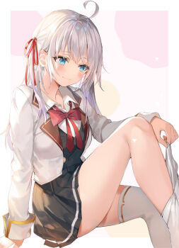 1girl ahoge alisa_mikhailovna_kujou black_skirt blazer blue_eyes blush bow bowtie buttons closed_mouth collared_shirt grey_hair grey_jacket hair_ribbon highres jacket knee_up long_hair long_sleeves miniskirt momoko_(momopoco) official_art open_clothes open_jacket pleated_skirt red_bow red_bowtie red_ribbon removing_thighhigh ribbon school_uniform shirt sidelocks simple_background sitting skirt smile solo thighhighs tokidoki_bosotto_roshia-go_de_dereru_tonari_no_alya-san white_shirt white_thighhighs wing_collar
