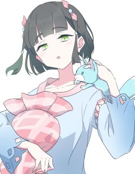 1girl :o black_hair blue_dress blunt_bangs dress frilled_pillow frills green_eyes green_streaks highres junnatsu link!_like!_love_live! long_sleeves looking_at_viewer love_live! momose_ginko momose_ginko_(birthday_sleepwear) official_alternate_costume open_mouth pillow pink_pillow short_hair sidelocks simple_background solo stuffed_fox upper_body virtual_youtuber white_background