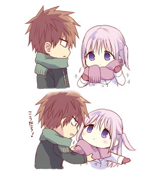 1boy 1girl adjusting_another&#039;s_clothes adjusting_scarf black_coat blush brown_hair chibi coat commentary_request expressionless fukuma333 gloves green_scarf highres kao_ni_denai_kashiwada-san_to_kao_ni_deru_oota-kun kashiwada-san long_hair multiple_views oota-kun pink_hair pink_scarf purple_eyes red_gloves scarf translation_request two_side_up white_background white_coat winter_clothes