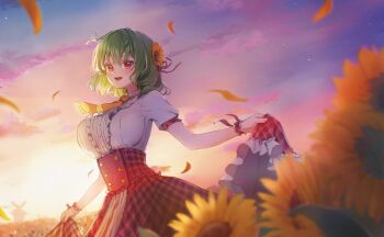 1girl :d ascot blurry blurry_foreground breasts center_frills cloud commentary_request cowboy_shot falling_petals field flower flower_field frilled_wrist_cuffs frills green_hair hair_between_eyes hair_flower hair_ornament hair_ribbon high-waist_skirt highres kazami_yuuka large_breasts looking_at_viewer open_mouth outdoors petals plaid_clothes plaid_skirt purple_ribbon red_eyes red_skirt ribbon shironeko_yuuki shirt short_hair short_sleeves skirt skirt_hold smile solo standing star_(sky) sunflower sunflower_field sunset touhou white_shirt windmill wrist_cuffs yellow_ascot yellow_flower yellow_petals