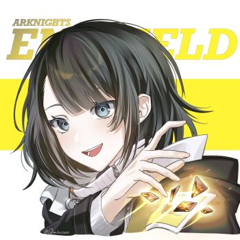Rule 34 | 1girl, arknights, arknights: endfield, black coat, black hair, coat, commentary, copyright name, cumulussen, diamond-shaped pupils, diamond (shape), endministrator (arknights), english commentary, female endministrator (arknights), grey eyes, highres, long sleeves, looking at viewer, no mask, open mouth, originium arts (arknights), portrait, short hair, smile, solo, sweater, symbol-shaped pupils, teeth, twitter username, white sweater