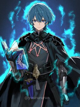 1boy armor aura black_armor black_cape black_gloves blue_aura blue_eyes blue_hair book cape closed_mouth commentary_request dagger emblem_(fire_emblem_engage) fire_emblem fire_emblem:_three_houses fire_emblem_engage fire_emblem_heroes gloves highres holding holding_book knife long_sleeves looking_at_viewer male_byleth_(fire_emblem) male_focus nintendo sheath sheathed short_hair weapon yuurururun
