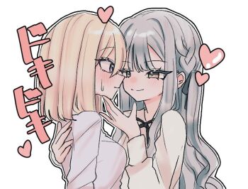 2girls bang_dream! bang_dream!_it&#039;s_mygo!!!!! blonde_hair blue_hair blush closed_mouth commentary heart long_hair medium_hair misumi_uika multiple_girls nyako_(2446_ny) outline purple_eyes shirt simple_background smile sweat togawa_sakiko two_side_up white_background white_outline white_shirt yellow_eyes yuri