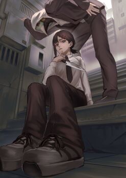 Rule 34 | 1boy, 1girl, absurdres, bent over, black eyes, black hair, black necktie, bonjindaaa, building, chainsaw man, city, closed mouth, collared shirt, from below, hair ornament, hairclip, hand on own hip, hand to own mouth, hashtag-only commentary, higashiyama kobeni, highres, holding, holding knife, holding weapon, hood, hoodie, jacket, knife, looking at viewer, mole, mole under eye, mole under mouth, multiple moles, necktie, pants, plague doctor mask, ponytail, shirt, shoes, sitting, sitting on stairs, stairs, violence fiend (chainsaw man), weapon, white shirt
