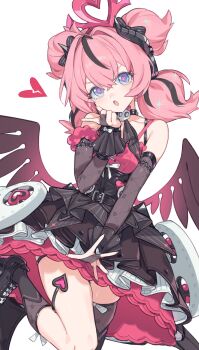 1girl absurdres aria_(discordant_note)_(zenless_zone_zero) aria_(zenless_zone_zero) asymmetrical_legwear awe_(adorableduckyy) bare_shoulders black_dress black_hair black_horse black_socks black_thighhighs blue_eyes breasts cross-species_cosplay dress highres long_hair looking_at_viewer mismatched_legwear multicolored_hair pink_hair simple_background small_breasts socks solo thighhighs two-tone_hair white_background wings zenless_zone_zero