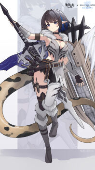 1girl absurdres alternate_costume arknights arm_up artist_name asymmetrical_legwear belt belt_buckle black_belt black_choker black_eyes black_gloves black_hair black_tail black_thighhighs blue_hair boots breasts buckle chinese_commentary choker cleavage closed_mouth colored_inner_hair commentary_request copyright_name dagger eunectes_(arknights) fingerless_gloves full_body fur-trimmed_boots fur_trim gloves grey_boots grey_pantyhose highres holding holding_weapon jiuyu_qame knee_boots knife looking_to_the_side medium_breasts mismatched_legwear monster_hunter:_world monster_hunter_(series) monster_hunter_world:_iceborne multicolored_hair pantyhose pink_pupils pointy_ears sheath sheathed short_hair single_leg_pantyhose single_thighhigh snake_tail solo standing standing_on_one_leg tail thighhighs uneven_legwear weapon yellow_tail zoom_layer