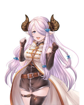 Rule 34 | 1girl, asymmetrical clothes, asymmetrical gloves, bare shoulders, belt, blush, braid, breasts, coat, commentary request, draph, dress, fingerless gloves, gloves, granblue fantasy, hair ornament, hair over one eye, hairclip, horns, large breasts, long hair, looking at viewer, low-tied sidelocks, narmaya (granblue fantasy), open mouth, pink hair, pointy ears, purple eyes, s1a1nokoka, short dress, sidelocks, simple background, single thighhigh, sleeveless, smile, teeth, thigh strap, thighhighs, thighs, turtleneck, white background