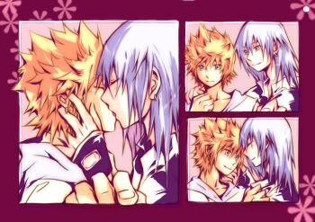 Rule 34 | 2boys, alternate costume, blonde hair, blue eyes, blush, closed eyes, commentary, couple, ear piercing, earrings, english commentary, facing to the side, floral print, foreshortening, grey hair, hand on another's cheek, hand on another's face, hand on another's shoulder, hood, hoodie, hoop earrings, illbewaiting, jewelry, kingdom hearts, kingdom hearts ii, kiss, male focus, medium hair, multiple boys, multiple views, piercing, pink background, riku (kingdom hearts), roxas, short hair, sleeveless, sleeveless hoodie, smile, spiked hair, upper body, white hoodie