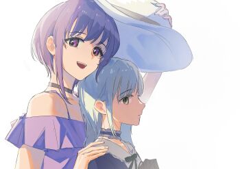 Rule 34 | 2girls, absurdres, bang dream!, bang dream! it's mygo!!!!!, blue choker, choker, closed mouth, commentary, frilled choker, frills, green hair, hand on another's shoulder, hashtag-only commentary, hat, highres, long hair, medium hair, multiple girls, open mouth, purple eyes, purple hair, purple shirt, shirt, short sleeves, sidelocks, simple background, teeth, upper body, upper teeth only, wakaba mutsumi, white background, white hat, xinyi6239222644, yellow eyes, yuutenji nyamu