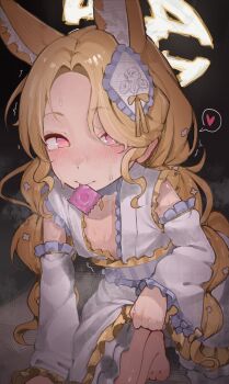 1girl absurdres blonde_hair blue_archive blush closed_mouth clothes_lift condom condom_in_mouth dress dress_lift flat_chest forehead halo heart highres kneeling lifting_own_clothes loli long_hair looking_at_viewer mirumiruchan mouth_hold pink_eyes seia_(blue_archive) smile solo spoken_heart steaming_body sweat white_dress yellow_halo