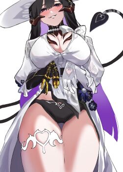 1girl black_hair black_panties breasts claws cleavage clothes_lift commentary_request constance_(honkai:_star_rail) demon_girl demon_horns demon_tail dress dress_lift gloves hat highres honkai:_star_rail honkai_(series) horns large_breasts long_hair looking_at_viewer mitara_abunai2 multicolored_hair panties purple_eyes purple_hair simple_background solo tail thighs two-tone_hair underwear very_long_hair white_background white_dress white_gloves white_hat