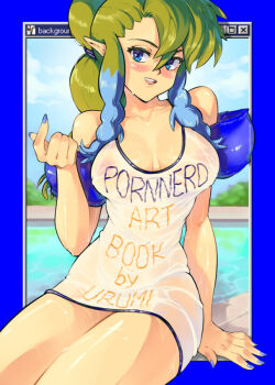 1girl beckoning blue_background blue_eyes blue_hair blue_nails blush breasts cleavage clothes_writing collarbone come_hither commentary cover_image covered_erect_nipples elf english_commentary english_text feet_out_of_frame fingernails fourth_wall green_hair hair_between_eyes large_breasts legs_together long_hair looking_at_viewer maeve_(urumi) microsoft_paint_(software) microsoft_windows multi-tied_hair nail_polish naked_shirt original pointy_ears ponytail pool poolside seductive_smile shirt sitting smile solo t-shirt thighs urumi_(urumi00) wet wet_clothes wet_shirt windows_95 windows_classic