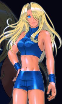 1girl absurdres arm_at_side armpit_crease armpits artist_request bare_shoulders blonde_hair blue_eyes blue_shirt blue_shorts breasts collarbone crease eyelashes female_focus fingernails floating_hair hair_down hair_intakes hair_over_one_eye hand_on_own_hip highres huge_filesize legs lips long_hair looking_at_viewer medium_breasts metroid metroid_fusion midriff navel nintendo official_alternate_costume official_alternate_hairstyle parted_bangs redrawn samus_aran scan shirt short_shorts shorts sidelocks smile sports_bra standing stomach thighs turtleneck turtleneck_shirt wrist_cuffs zipper zipper_pull_tab