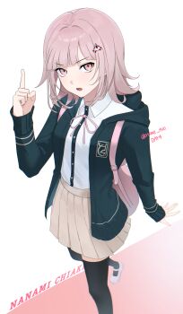 1girl :o absurdres bluemallow breasts brown_hair character_name collared_shirt commentary_request danganronpa_(series) danganronpa_2:_goodbye_despair dress_shirt flipped_hair hair_ornament highres hood index_finger_raised jacket long_sleeves looking_at_viewer medium_hair nanami_chiaki neck_ribbon open_clothes open_jacket pink_eyes pink_hair pink_ribbon pleated_skirt ribbon shirt skirt solo standing thighhighs two-tone_shirt white_background white_shirt