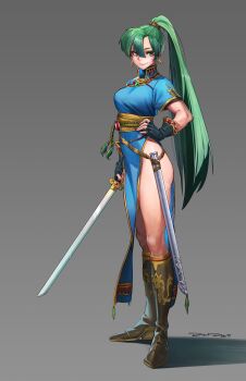 1girl absurdres boots closed_mouth commentary daniel_deng earrings english_commentary fingerless_gloves fire_emblem fire_emblem:_the_blazing_blade fire_emblem_heroes gloves green_eyes green_hair grey_background hair_between_eyes hand_on_own_hip high_collar high_heel_boots high_heels high_ponytail highres holding holding_sword holding_weapon jewelry legs long_hair looking_at_viewer lyn_(fire_emblem) nintendo pelvic_curtain ponytail sash sheath side_slit smile standing sword thighs weapon