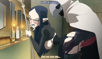 1girl 2boys absurdres ass black_gloves black_panties blue_hair blush breasts clothed_sex colored_skin cum english_text garter_straps gloves green_eyes hetero highres inker_comics lilith_clawthorne long_hair medium_breasts multiple_boys nipples panties panty_lift penis pointy_ears red_skin sex stealth_sex sweatdrop the_owl_house thighhighs underwear