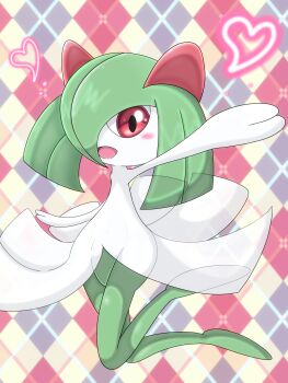 :d absurdres argyle_background arm_up blush full_body gen_3_pokemon heart highres ibispaint_(medium) kirlia kosaburou nintendo no_humans open_mouth pokemon pokemon_(creature) red_eyes smile translucent_hair