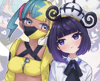 2girls black_dress black_hair blonde_hair blue_hair blunt_bangs blush bob_cut canari_(pokemon) closed_mouth coat crop_top dark-skinned_female dark_skin dress gradient_hair gwynn_(pokemon) hat heart hinohinoki jacket long_sleeves looking_at_another mask mouth_mask multicolored_hair multiple_girls nintendo open_clothes open_coat open_jacket pokemon pokemon_legends:_z-a purple_eyes purple_hair short_hair split-color_hair two-tone_hair upper_body white_coat white_hat yellow_jacket yuri