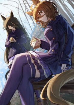 2girls absurdres agnes_tachyon_(umamusume) ahoge animal_ears black_hair blue_coat blush bottle brown_hair buttons closed_mouth coat commentary_request crossed_legs double-breasted ear_tag earrings hair_between_eyes highres holding holding_bottle horse_ears horse_girl horse_tail jewelry long_bangs long_hair long_hair_between_eyes long_sleeves manhattan_cafe_(umamusume) medium_hair milk_tea multicolored_hair multiple_girls purple_serafuku purple_skirt purple_thighhighs red_eyes school_uniform serafuku siena_(moratoriummaga) single_earring sitting skirt tail thighhighs tracen_school_uniform tracen_winter_coat umamusume very_long_hair white_hair winter_clothes winter_coat winter_uniform yellow_eyes zettai_ryouiki