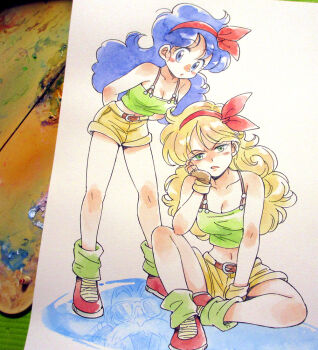 1boy 2girls agahari between_legs blonde_hair blue_eyes blue_hair bow bow_hairband breasts brown_gloves cleavage closed_mouth commentary_request crop_top dragon_ball dragon_ball_(classic) dual_persona fingerless_gloves gloves green_eyes green_socks green_tank_top hairband hand_between_legs hand_on_own_cheek hand_on_own_face head_rest leaning_forward long_hair looking_at_viewer loose_socks lunch_(bad)_(dragon_ball) lunch_(dragon_ball) lunch_(good)_(dragon_ball) medium_breasts midriff multiple_girls muten_roushi navel open_mouth painting_(medium) photo_(medium) red_bow red_hairband red_shoes shoes short_shorts shorts sitting socks standing tank_top traditional_media yellow_shorts