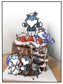 abby_(wuthering_waves) absurdres ahoge beret black_jacket blue_hair blue_hat blue_veil blush brant_(wuthering_waves) cake chibi chocolate_cake commentary cream cream_puff earrings feather_hair food fruit goodcu grey_shirt hat hiding hiding_behind_another highres jacket jewelry light_blush male_rover_(wuthering_waves) mask mask_on_head multicolored_hair open_clothes open_jacket pink_hair pirate_hat purple_hair roccia_(wuthering_waves) rover_(wuthering_waves) shirt shorekeeper_(wuthering_waves) strawberry strawberry_cake strawberry_shortcake t-pose tacet_mark_(wuthering_waves) two-tone_hair two-tone_veil unworn_mask veil white_veil wuthering_waves yangyang_(wuthering_waves)