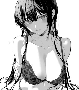 1girl black_hair blush bra breasts cleavage greyscale haite_kudasai_takamine-san highres hiiragi_yuuichi lace lace_bra large_breasts lingerie long_hair looking_at_viewer monochrome simple_background solo takamine_takane underwear undressing very_long_hair