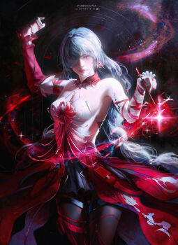 1girl absurdres arm_up artist_name bandage_over_one_eye bare_shoulders black_pantyhose black_skirt breasts closed_mouth commentary detached_sleeves dress earrings english_commentary english_text fingernails flower grey_hair halter_dress halterneck highres holding holding_flower jewelry long_hair looking_at_viewer medium_breasts nail_polish pantyhose phrolova_(wuthering_waves) red_dress red_eyes red_nails single_detached_sleeve skirt solo spider_lily tacet_mark_(wuthering_waves) ui_uiiiiiiiii wuthering_waves