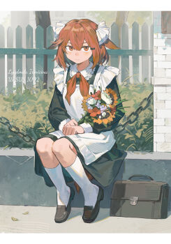 1girl absurdres aged_down alternate_costume apron arknights black_bag black_dress blush bouquet bow character_name chinese_commentary collared_dress commentary_request crownslayer_(arknights) dopperu_ben dress enmaided fence flower frilled_apron frills full_body hair_between_eyes hair_bow hair_ornament hairclip highres holding holding_bouquet hyena_ears hyena_girl kneehighs lace-trimmed_collar lace_trim long_sleeves looking_at_viewer maid medium_dress medium_hair neckerchief orange_flower outdoors purple_flower red_eyes red_hair red_neckerchief red_tail school_uniform sidelocks sitting socks solo soviet_school_uniform timestamp white_apron white_bow white_flower white_socks wooden_fence