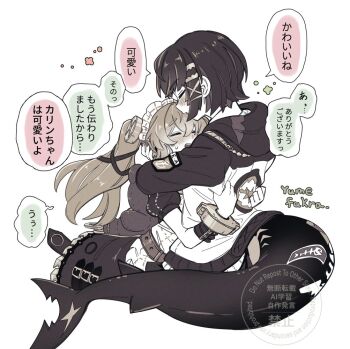 Rule 34 | 2girls, artist name, black hair, black jacket, closed eyes, commentary request, corin wickes, ellen joe, fins, fish tail, hair between eyes, hood, hooded jacket, hug, jacket, long hair, maid headdress, metal wrist cuffs, multicolored jacket, multiple girls, open mouth, razor blade hair ornament, scar, scar on tail, shark girl, shark tail, short hair, simple background, speech bubble, sweatdrop, tail, translation request, twintails, two-tone jacket, white background, white jacket, yumefukura, yuri, zenless zone zero