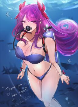 1girl air_bubble bandeau bare_shoulders bikini blue_bandeau blue_bikini bracelet breasts bubble cleavage collarbone commission diving diving_regulator fire_emblem fire_emblem_engage fish flower hair_flower hair_ornament highres ivy_(fire_emblem) jewelry large_breasts long_hair looking_at_viewer navel nintendo oxygen_tank purple_eyes purple_hair rebreather rose scuba scuba_gear scuba_tank serafineart1001 solo stomach swimsuit underwater underwear very_long_hair