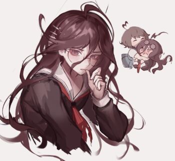 2girls ahoge blue_skirt blush closed_eyes collared_shirt commentary danganronpa_(series) danganronpa_another_episode:_ultra_despair_girls english_commentary eyelashes eyewear_on_head fukawa_toko glasses hair_between_eyes hair_ornament hairclip heart heart_ahoge hug long_hair long_sleeves messy_hair multiple_girls naegi_komaru neckerchief open_mouth pluvioseprince purple_eyes purple_hair purple_shirt red_neckerchief round_eyewear sailor_collar shirt short_sleeves skirt solo_focus thumb_to_mouth very_long_hair white_sailor_collar white_shirt